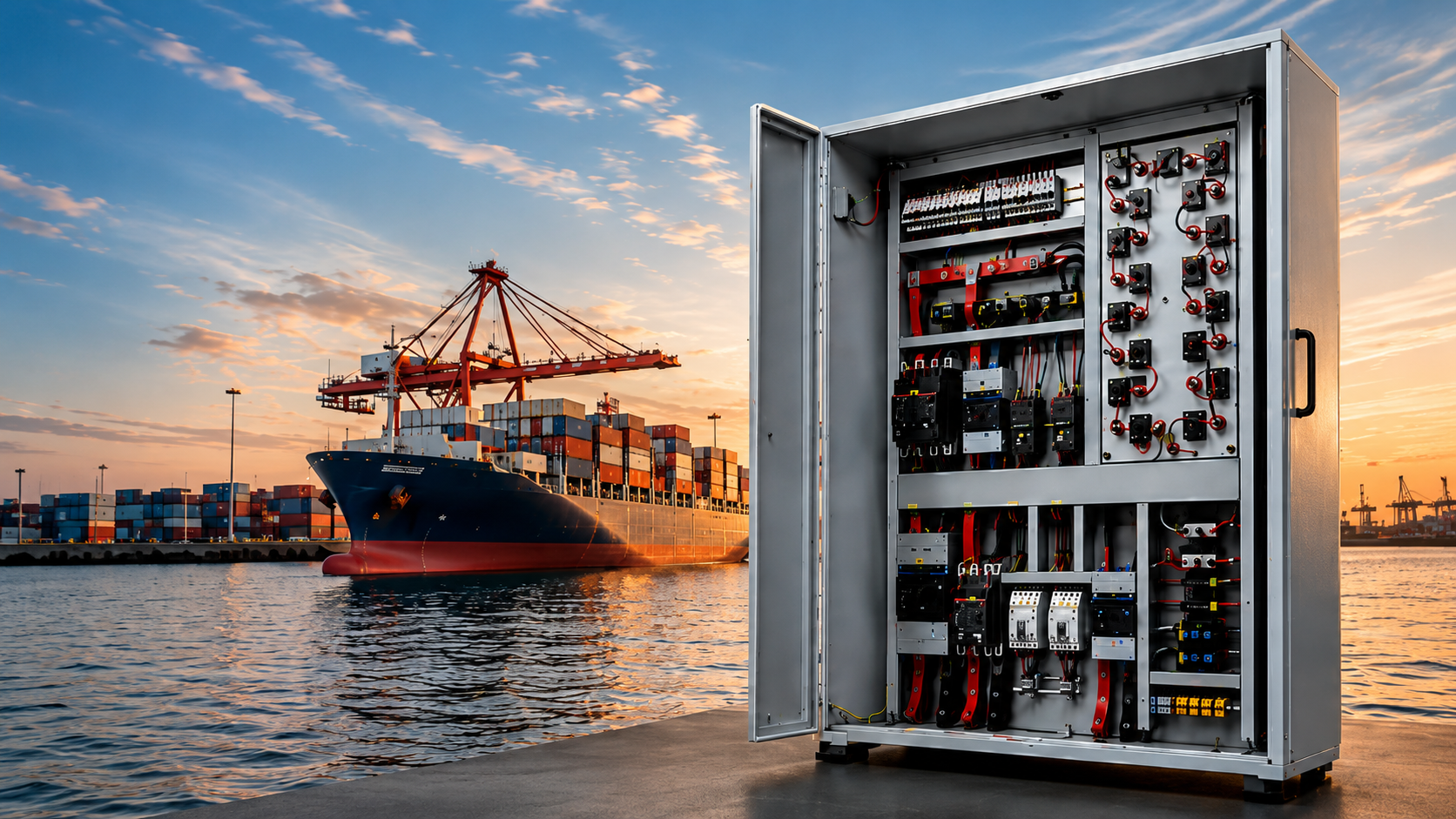 Nodens Electric marine electrical panel and container ship at port